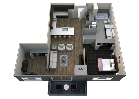 Floor plan for 1 bed, 1 bath, 839 sqft