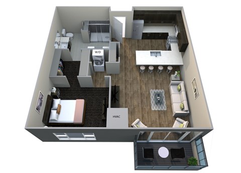 Floor plan for 1 bed, 1 bath, 885 sqft
