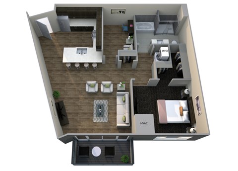 Floor plan for 1 bed, 1 bath, 967 sqft