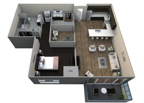 Floor plan for 1 bed, 1.5 baths, 986 sqft