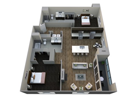 Floor plan for 2 beds, 2 baths, 1406 sqft