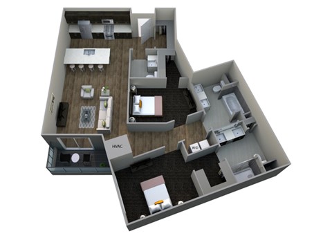 Floor plan for 2 beds, 2.5 baths, 1265 sqft