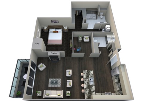 Floor plan for 1 bed, 1.5 baths, 986 sqft