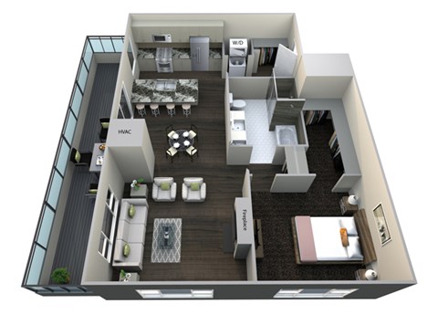 Floor plan for 1 bed, 1 bath, 949 sqft