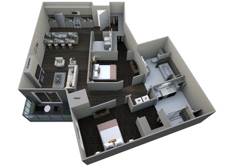 Floor plan for 2 beds, 2.5 baths, 1265 sqft