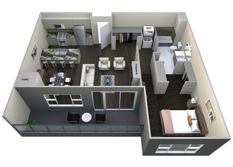Floor plan for 1 bed, 1 bath, 1019 sqft