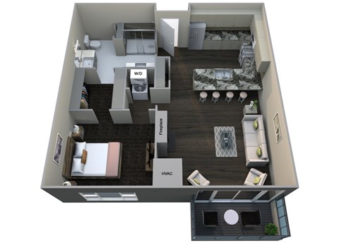 Floor plan for 1 bed, 1 bath, 885 sqft