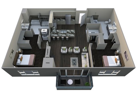 Floor plan for 2 beds, 2.5 baths, 1275 sqft