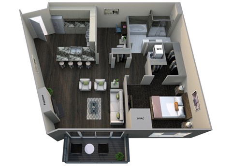 Floor plan for 1 bed, 1 bath, 967 sqft