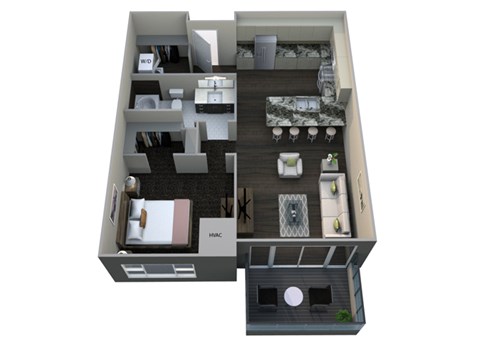Floor plan for 1 bed, 1 bath, 722 sqft