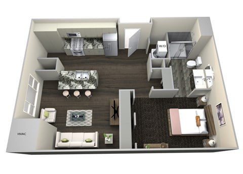 Floor plan for 1 bed, 1 bath, 616 sqft