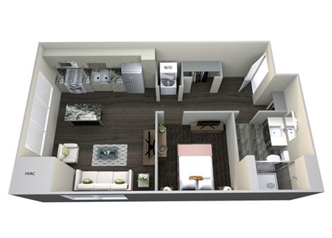 Floor plan for 1 bed, 1 bath, 619 sqft