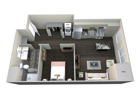 Floor plan for 1 bed, 1 bath, 656 sqft