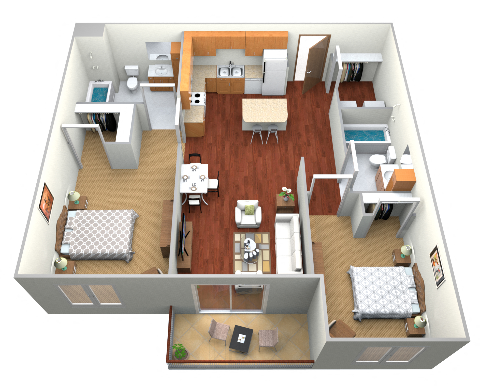 Floor plan for 2 beds, 2 baths, 1054 sqft
