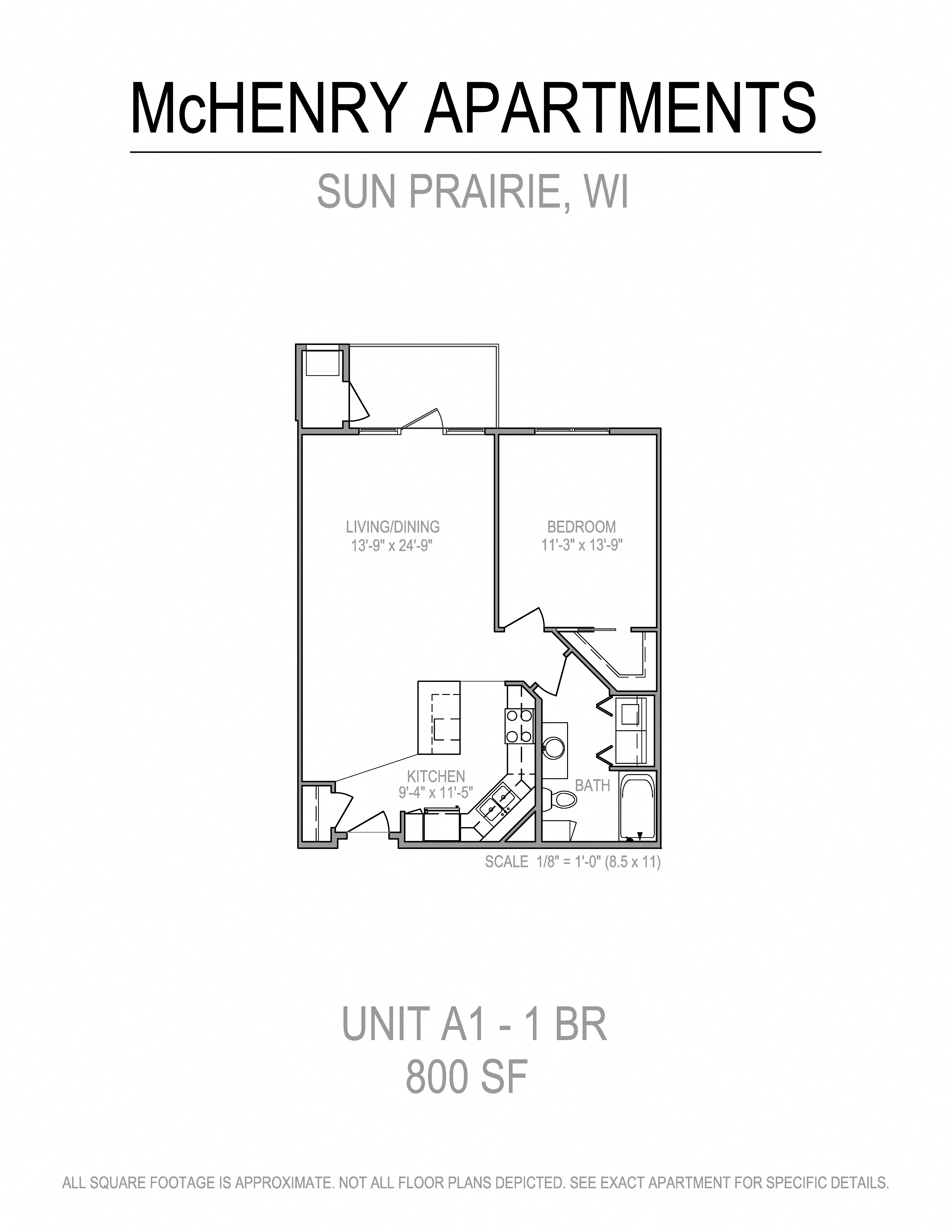 Floor plan for 1 bed, 1 bath, 800 sqft