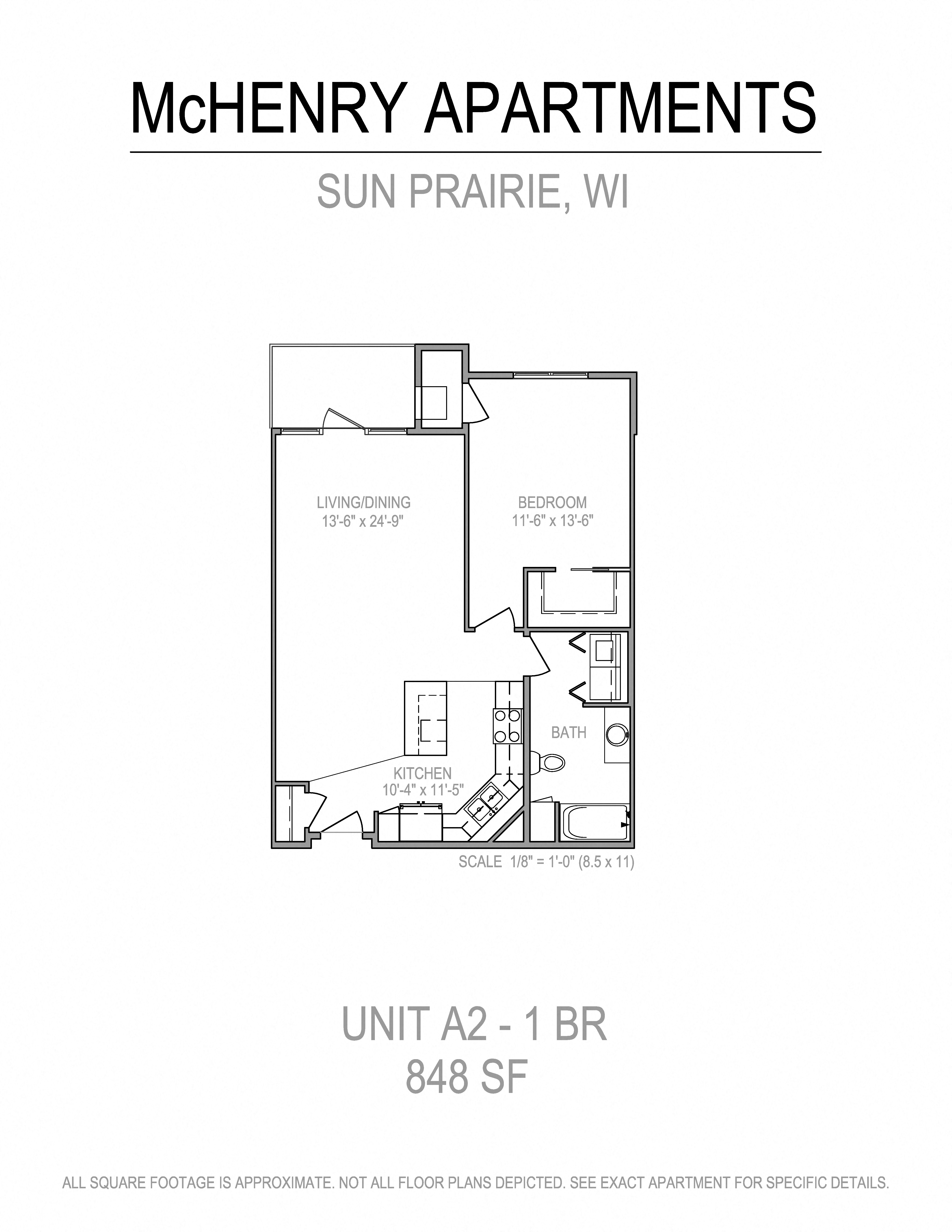 Floor plan for 1 bed, 1 bath, 848 sqft