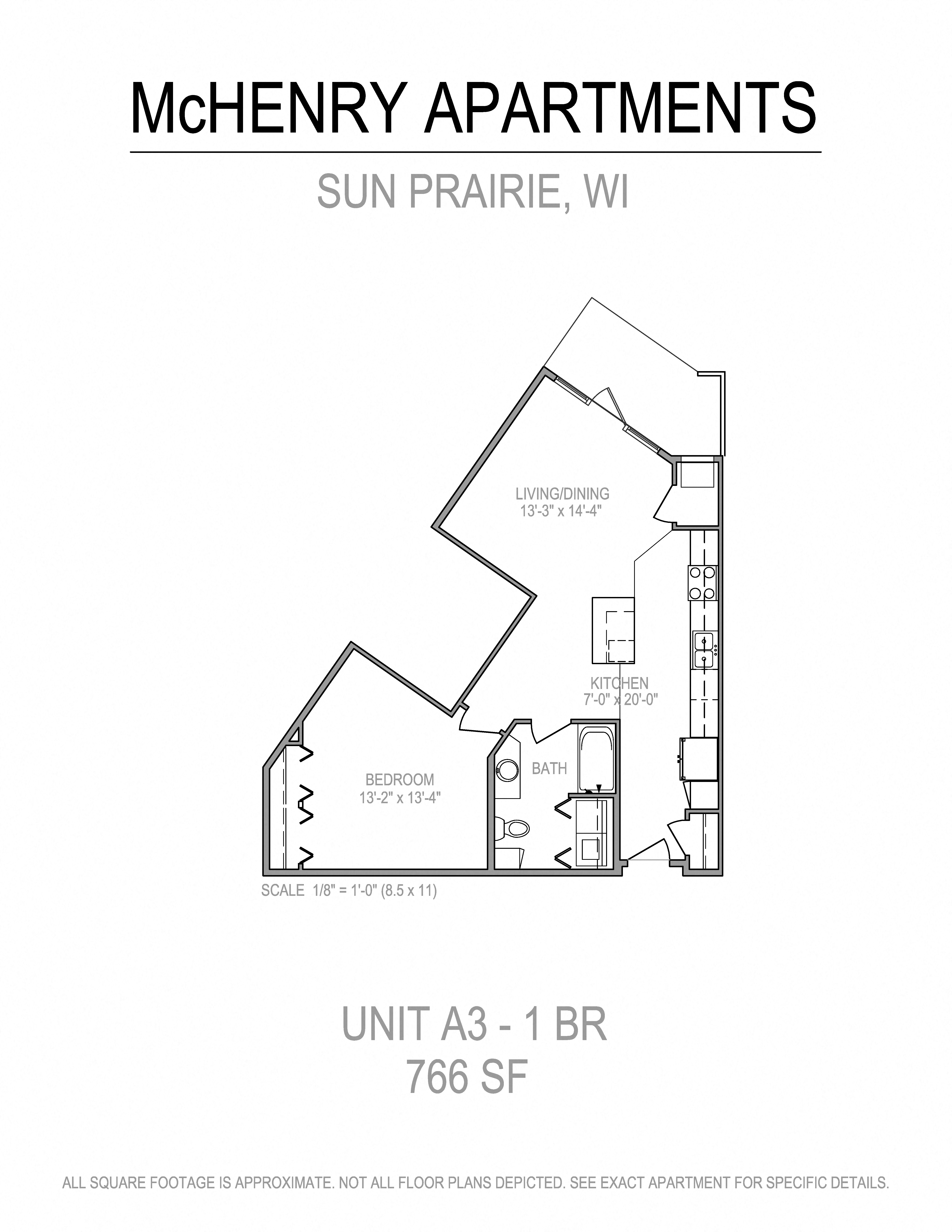 Floor plan for 1 bed, 1 bath, 766 sqft