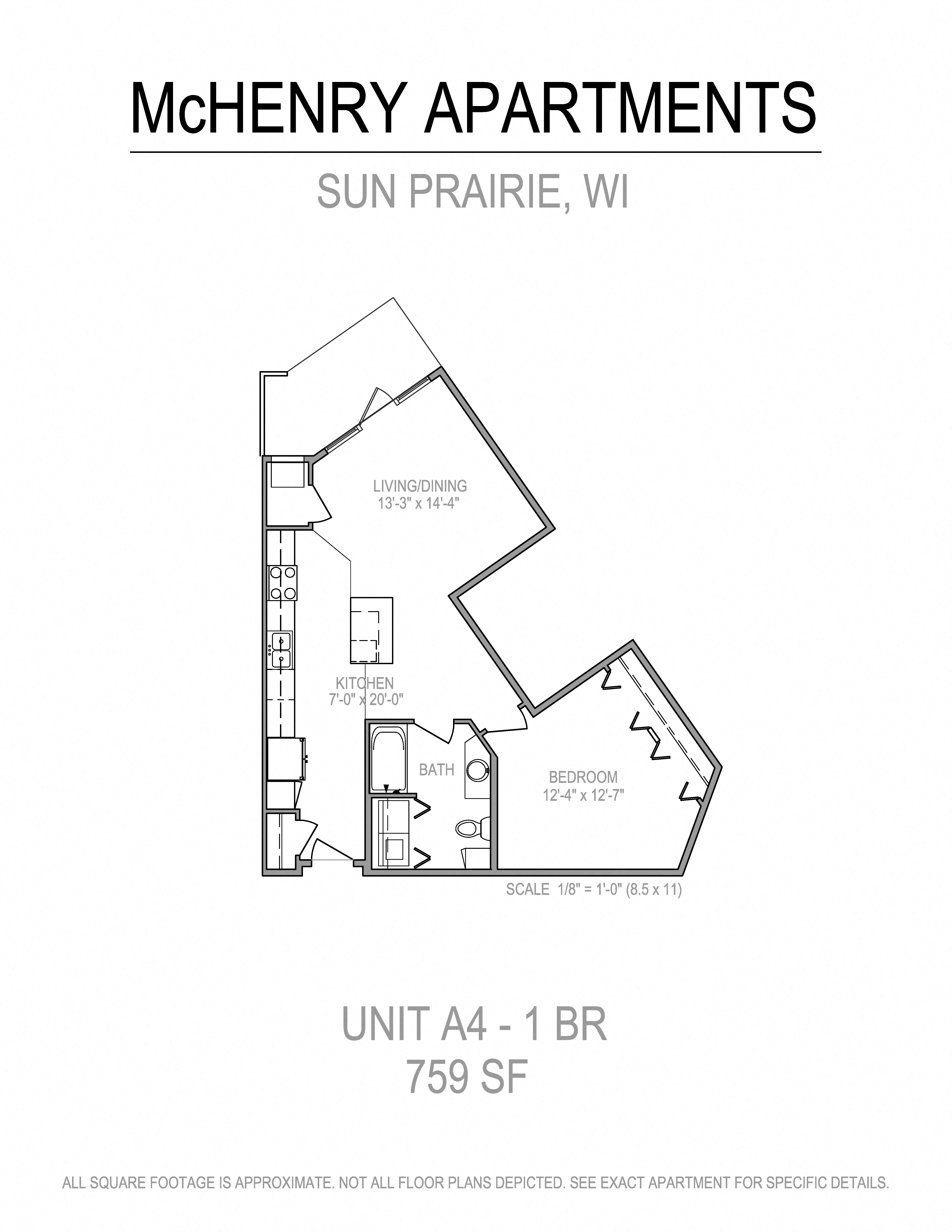 Floor plan for 1 bed, 1 bath, 759 sqft