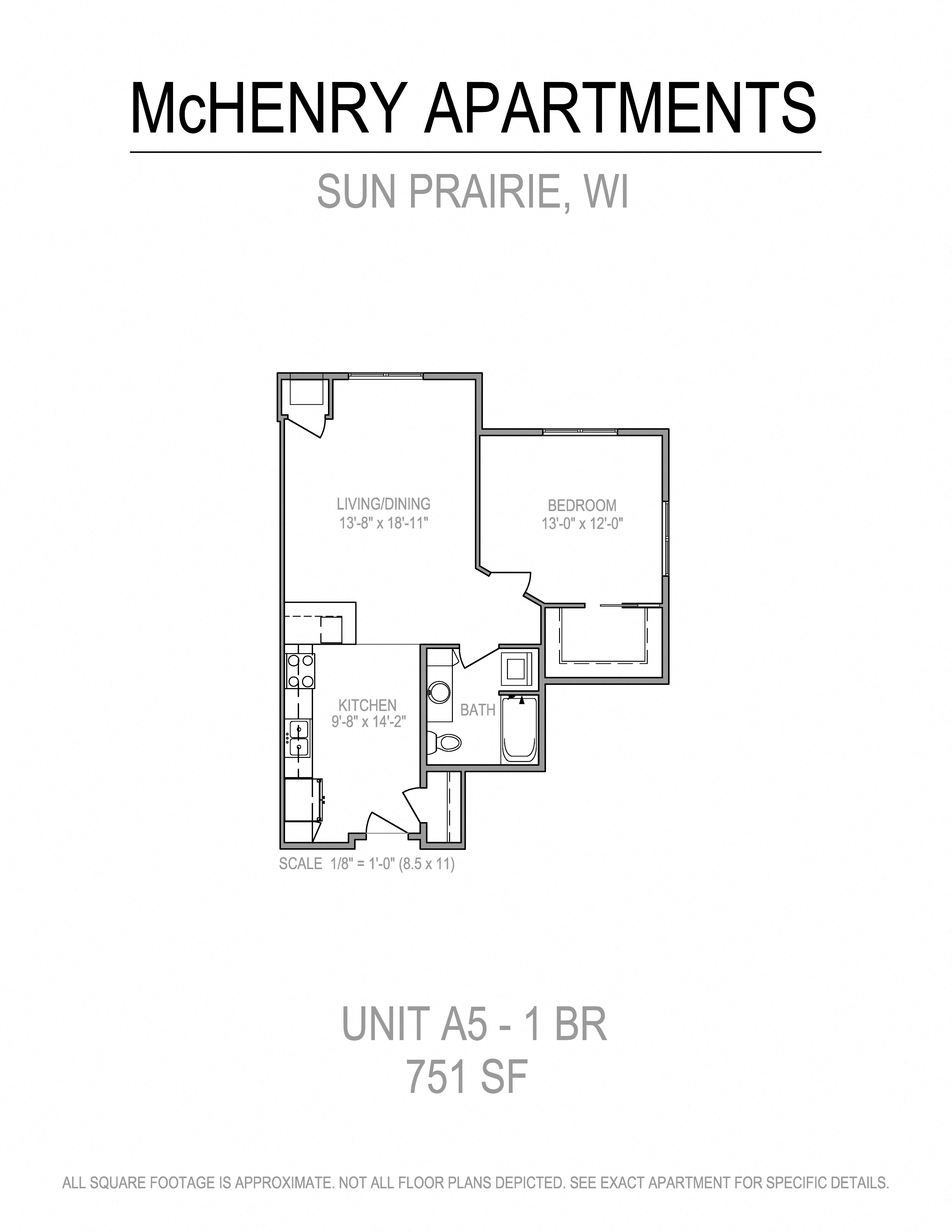 Floor plan for 1 bed, 1 bath, 751 sqft
