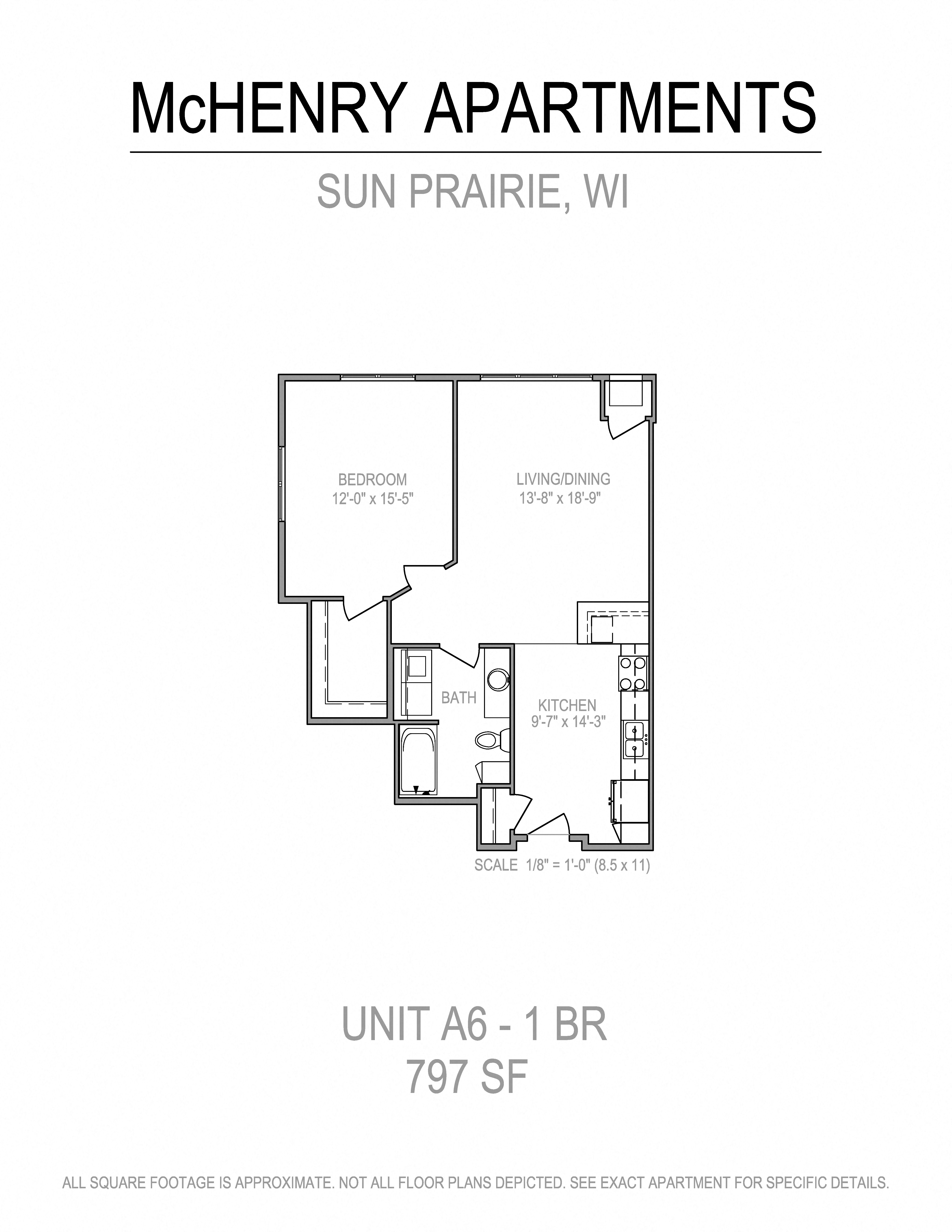 Floor plan for 1 bed, 1 bath, 797 sqft