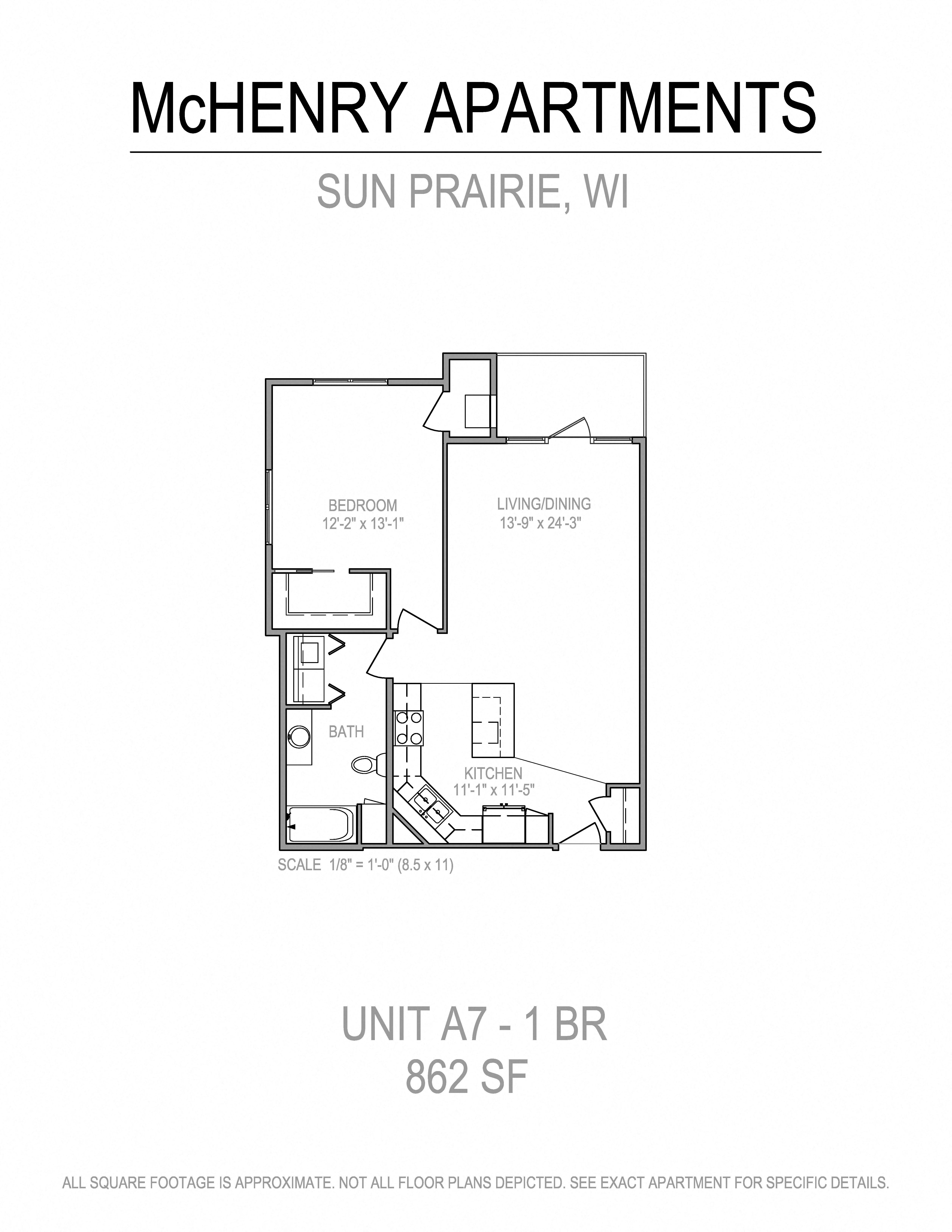 Floor plan for 1 bed, 1 bath, 862 sqft