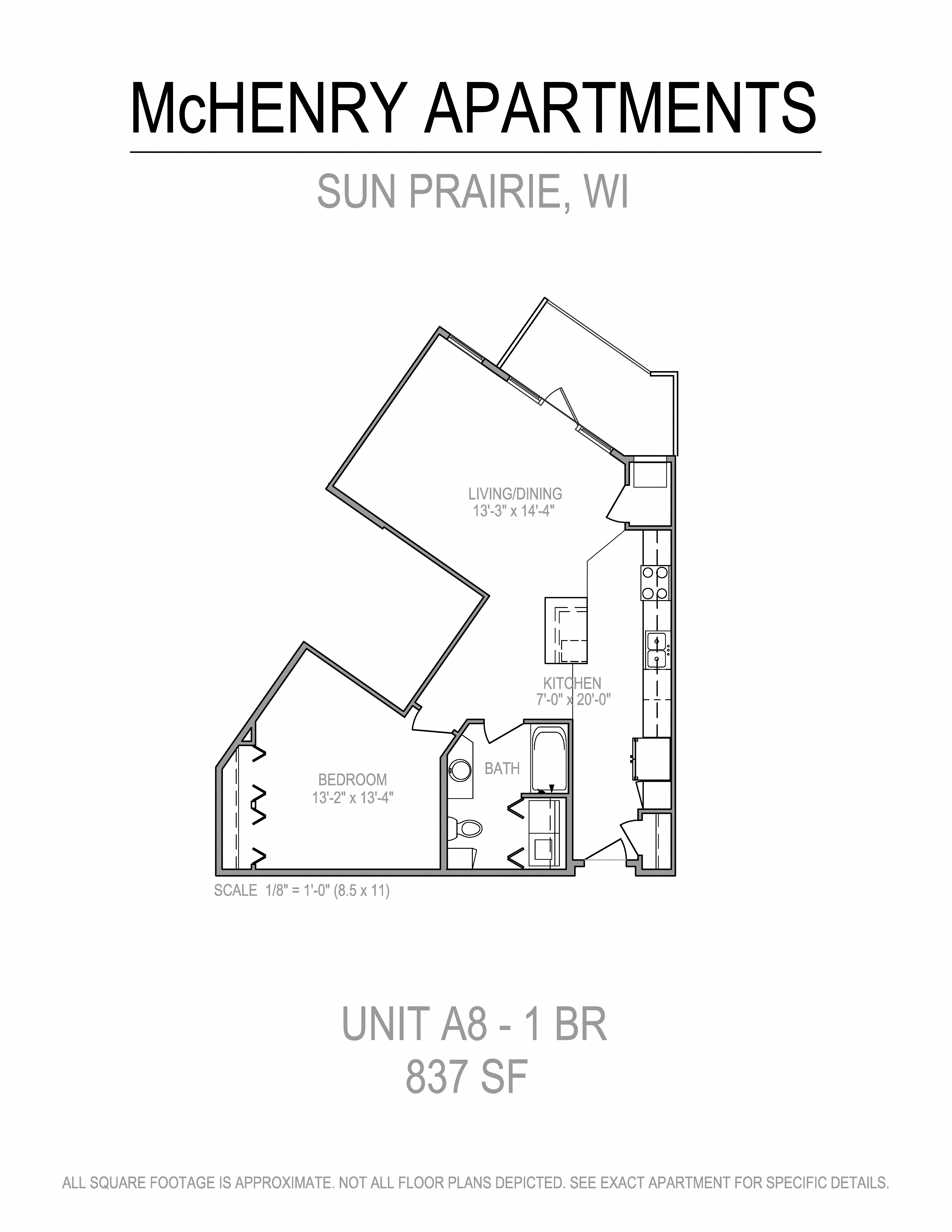 Floor plan for 1 bed, 1 bath, 837 sqft