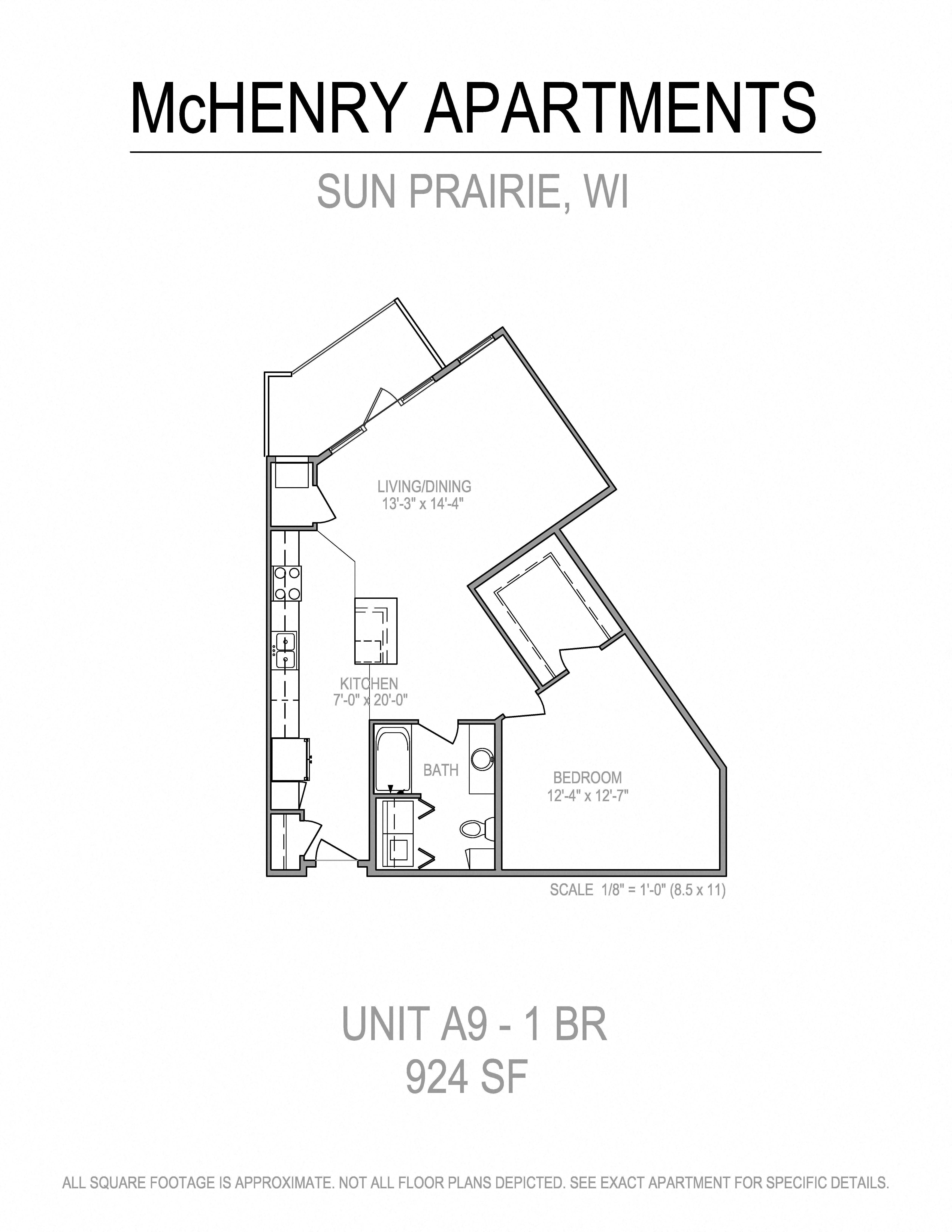 Floor plan for 1 bed, 1 bath, 924 sqft