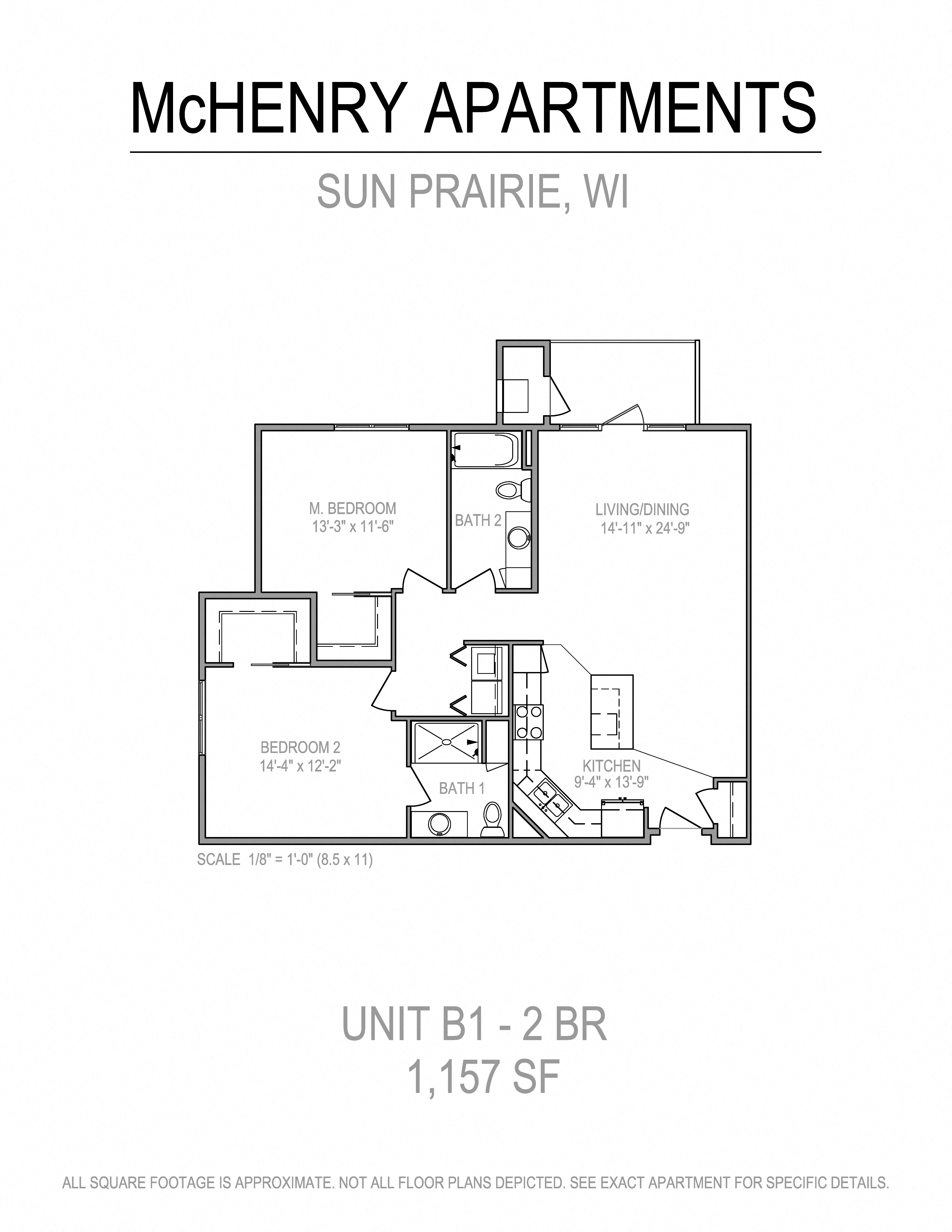 Floor plan for 2 beds, 2 baths, 1157 sqft