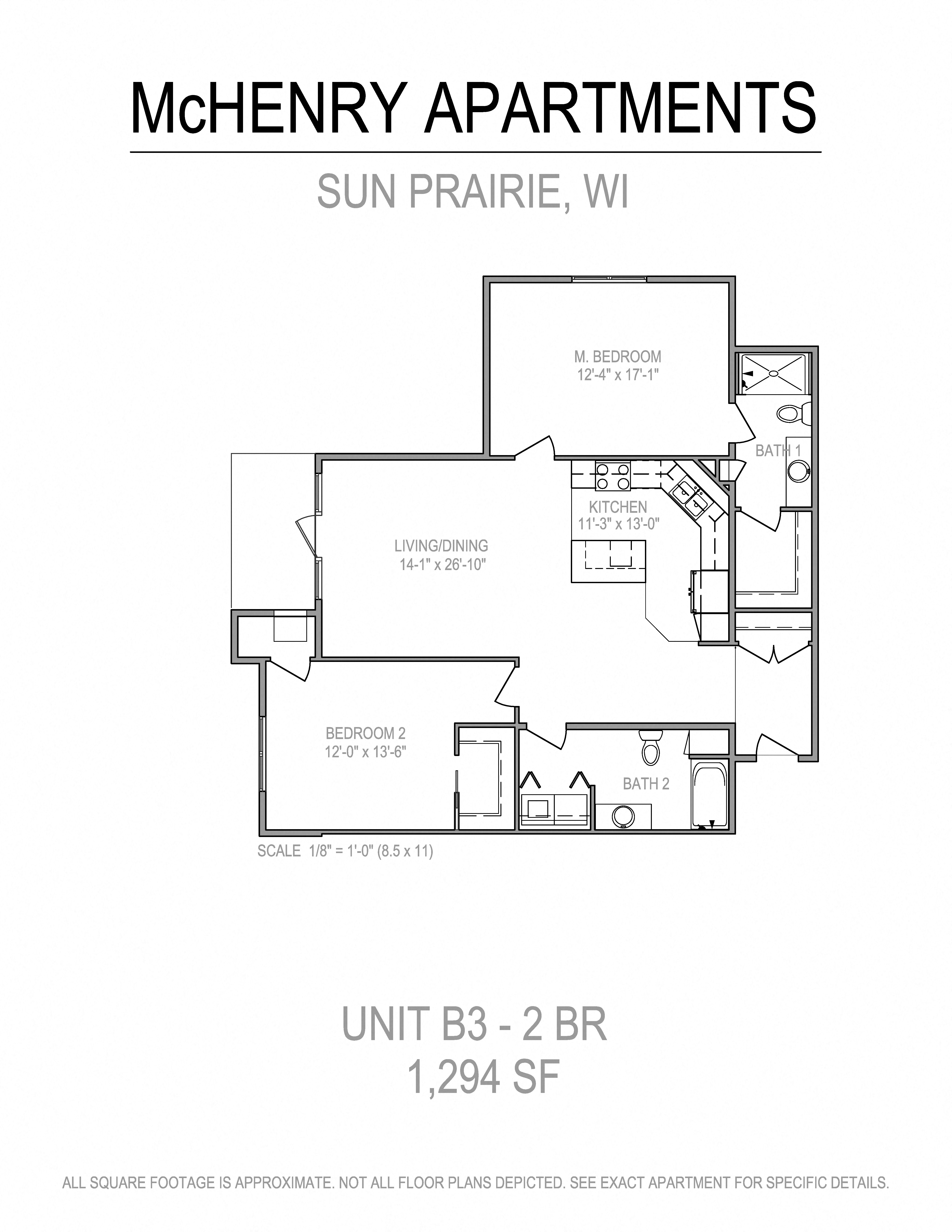 Floor plan for 2 beds, 2 baths, 1294 sqft