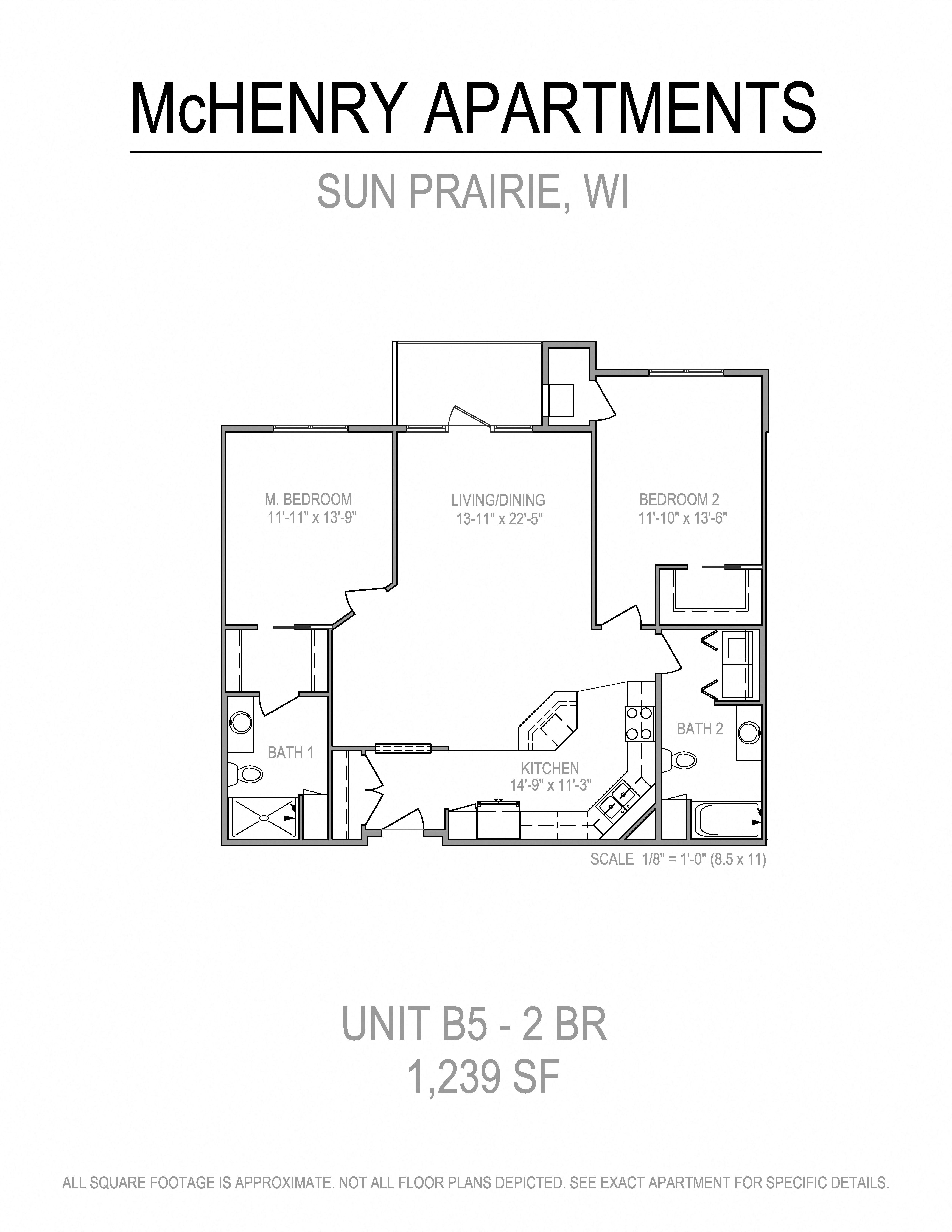 Floor plan for 2 beds, 2 baths, 1239 sqft