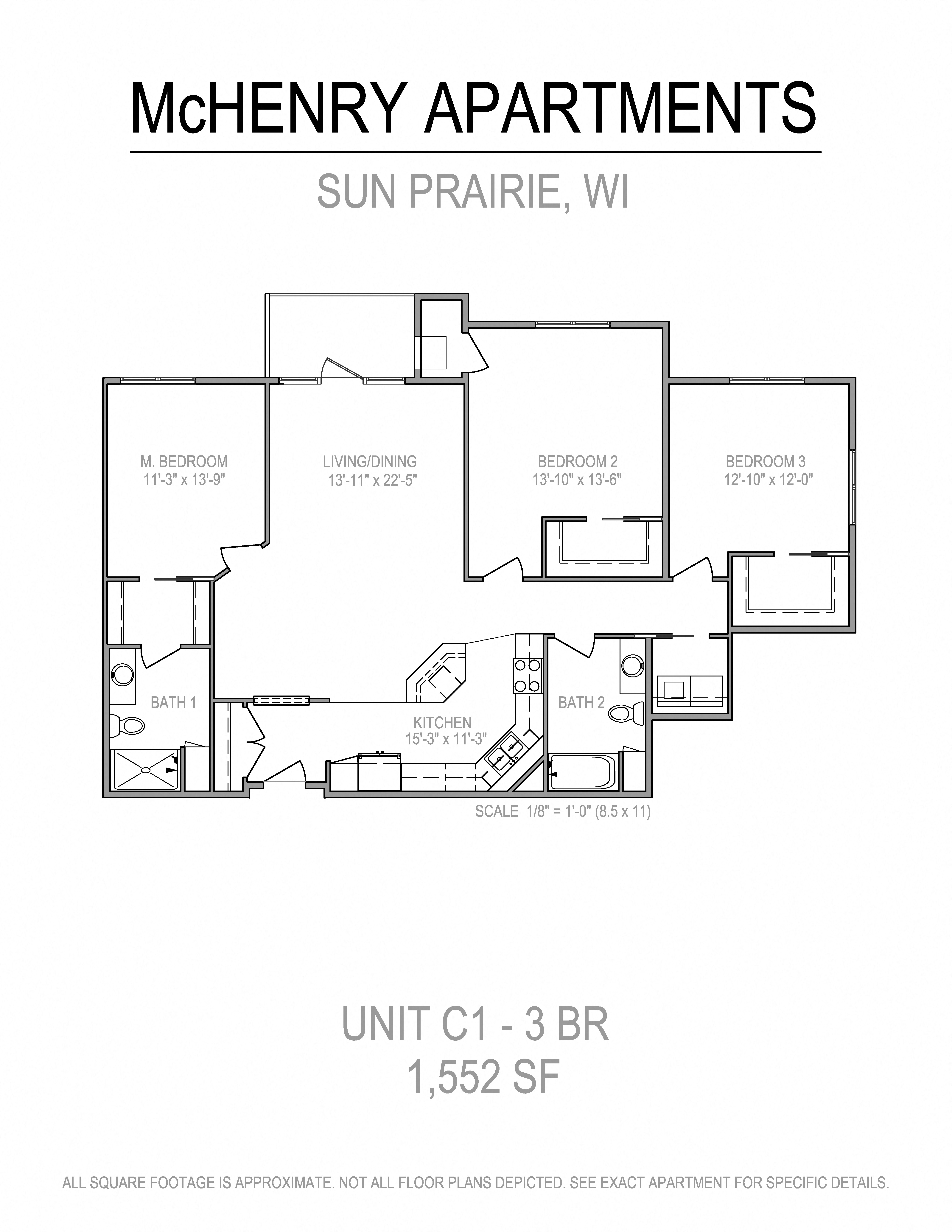 Floor plan for 3 beds, 2 baths, 1552 sqft