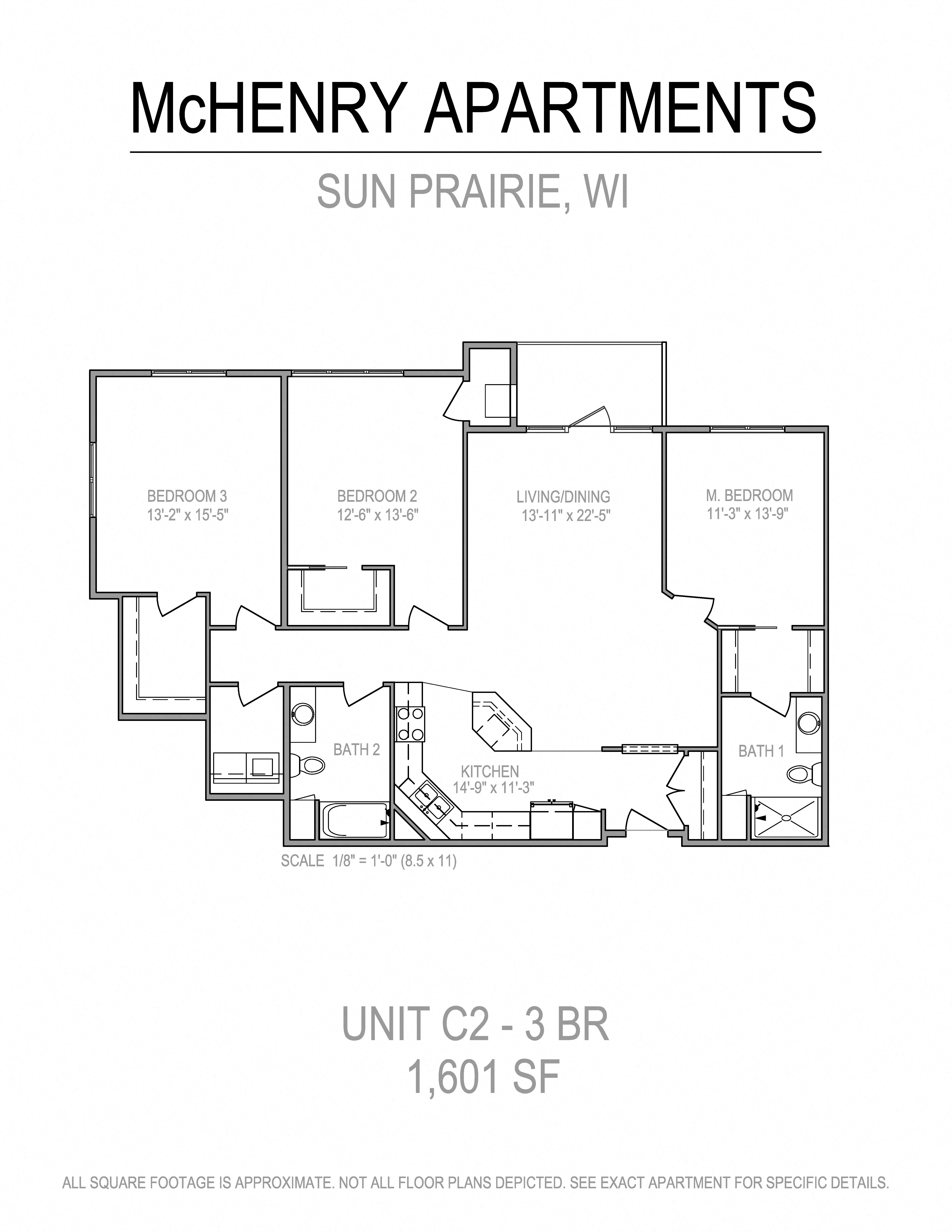 Floor plan for 3 beds, 2 baths, 1601 sqft