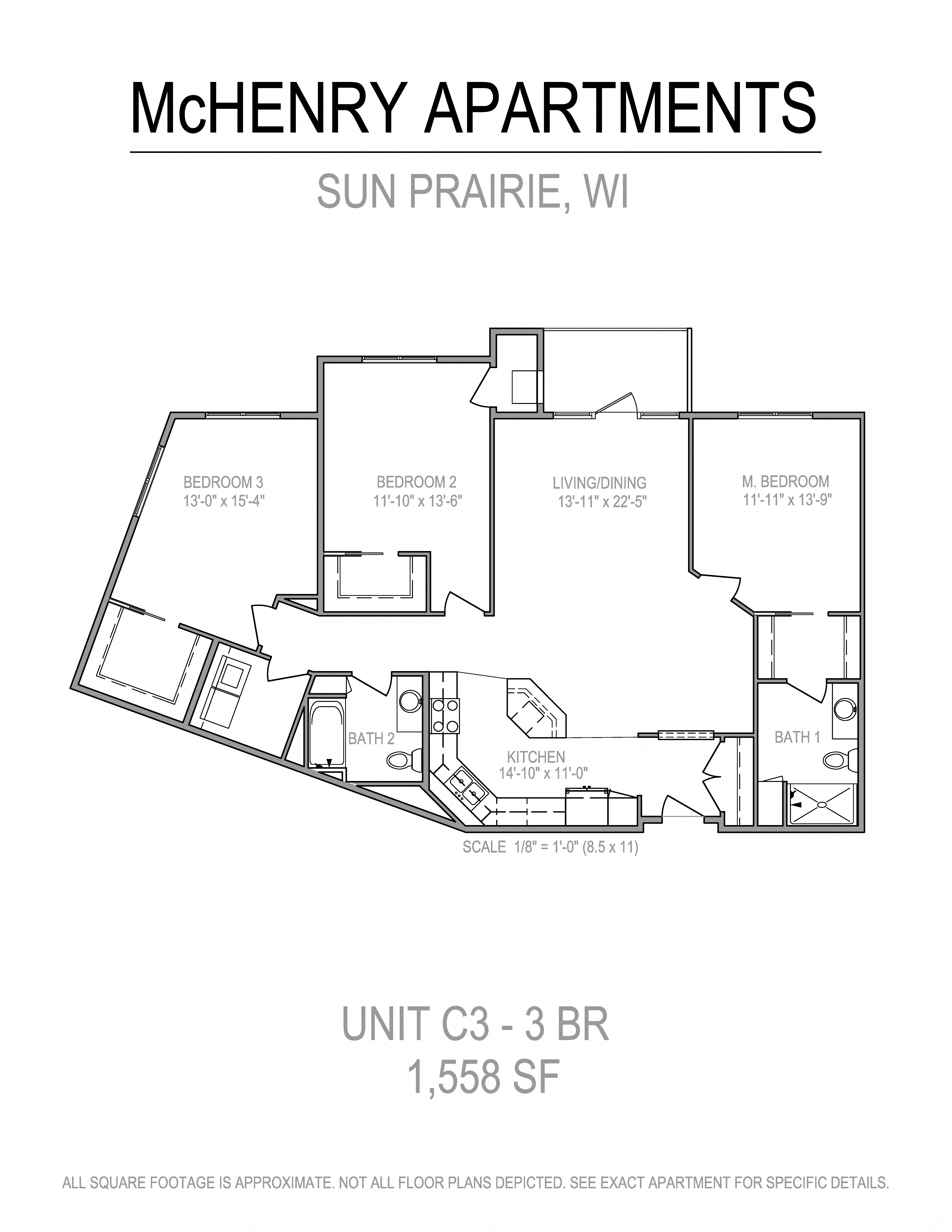 Floor plan for 3 beds, 2 baths, 1558 sqft