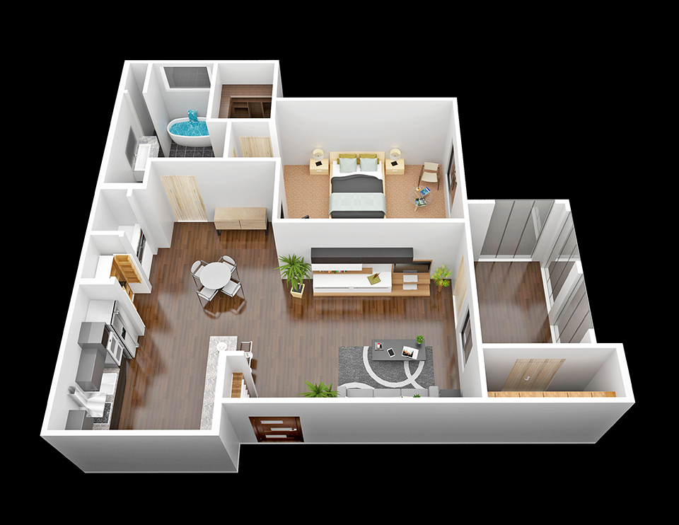 Floor plan for 1 bed, 1 bath, 760 sqft