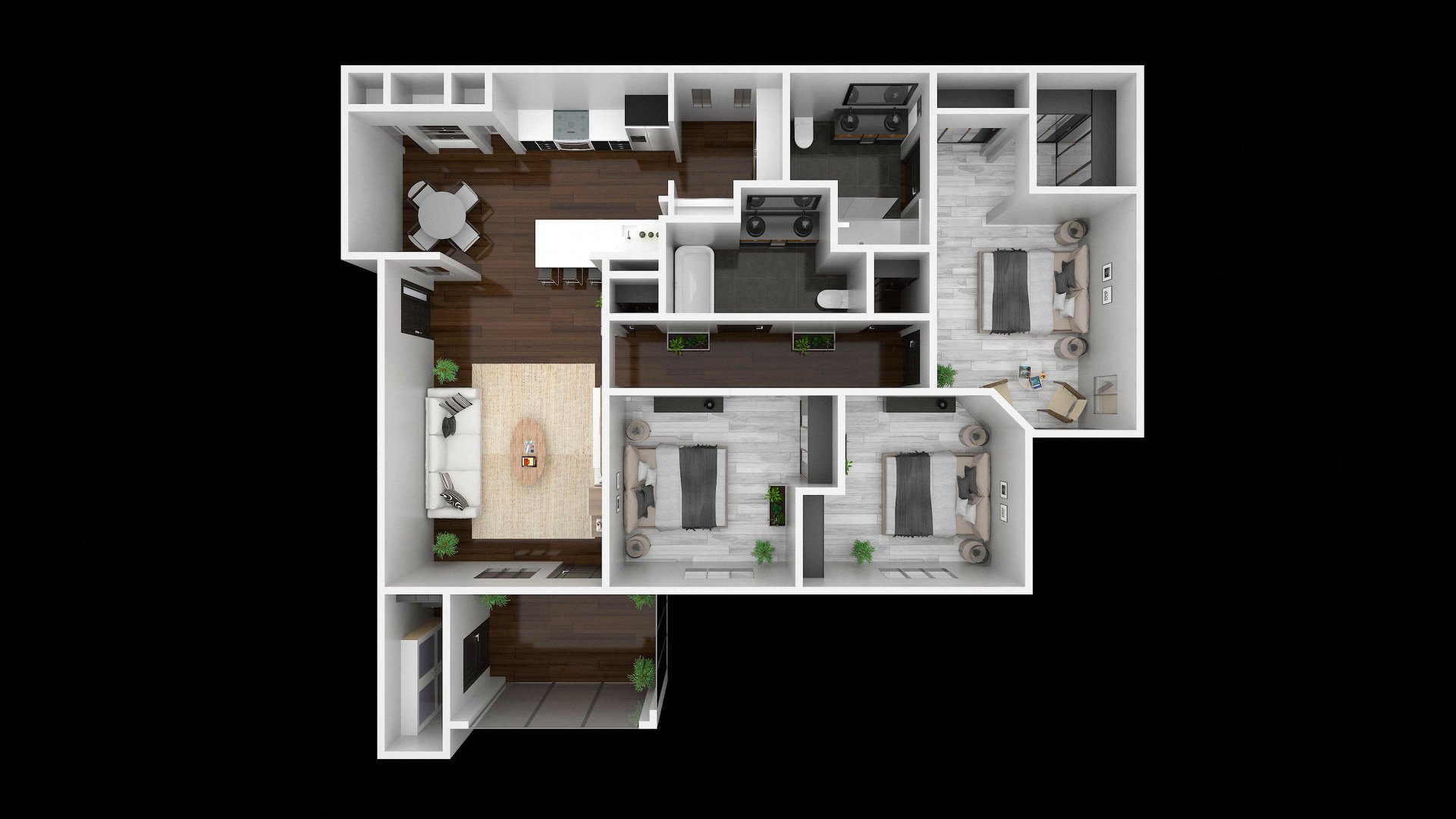Floor plan for 3 beds, 2 baths, 1187 sqft