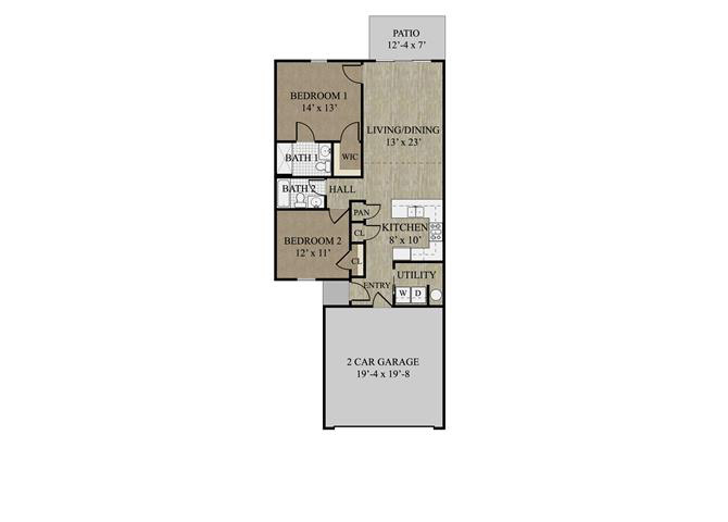 Floor plan for 2 beds, 2 baths, 1067 sqft