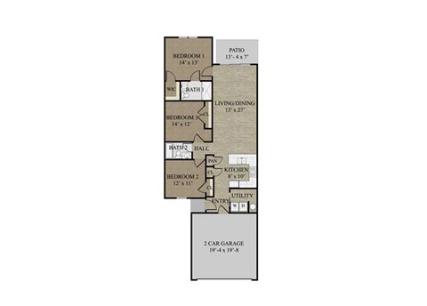 Floor plan for 3 beds, 2 baths, 1305 sqft