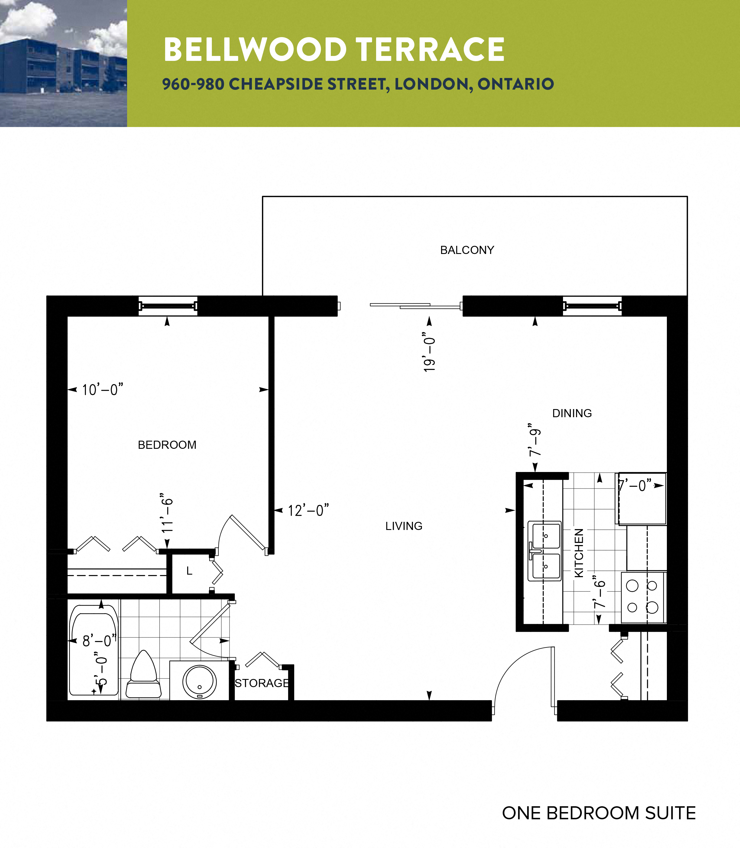 Floor plan for 1 bed, 1 bath, 551 sqft