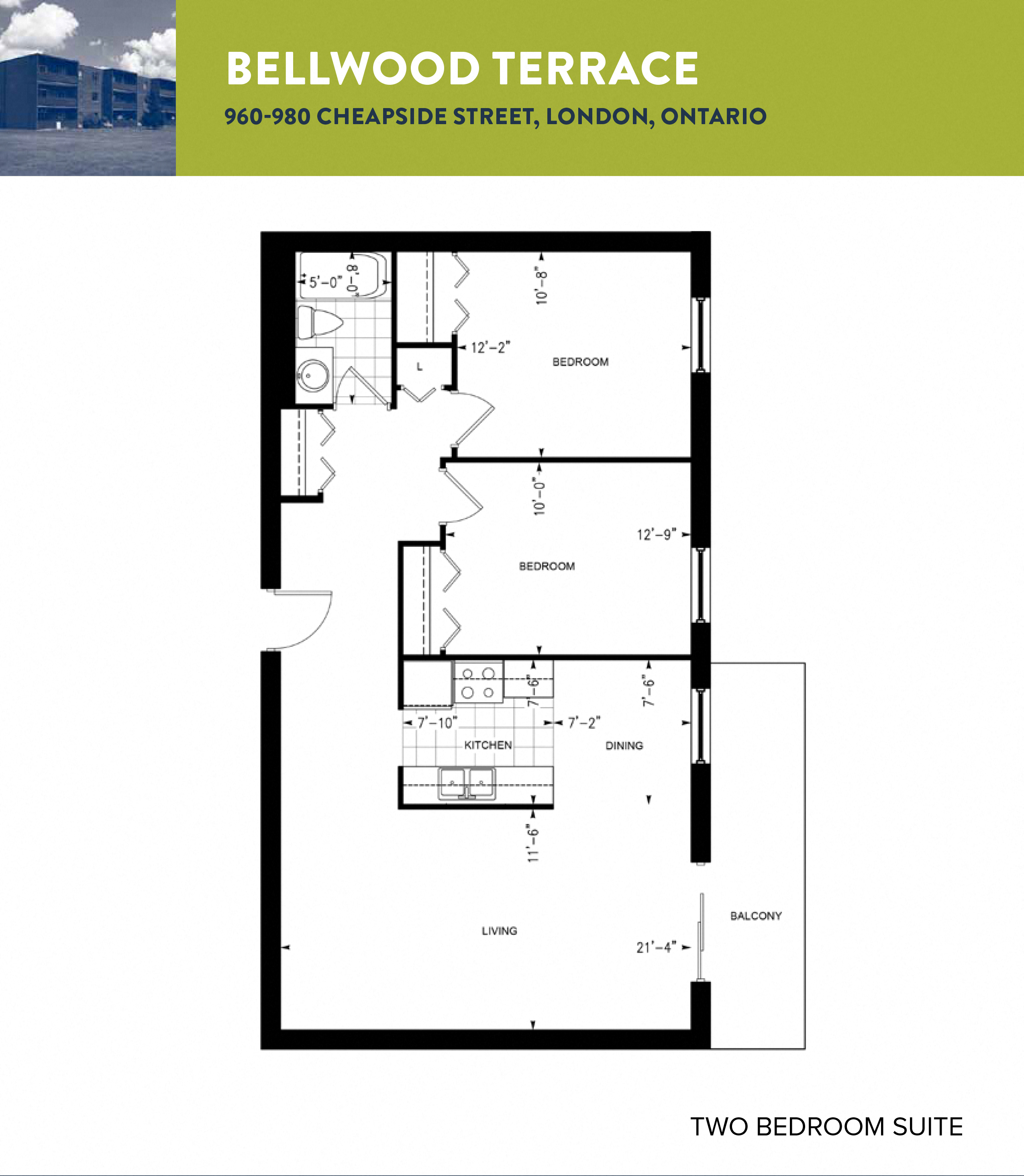 Floor plan for 2 beds, 1 bath, 845 sqft