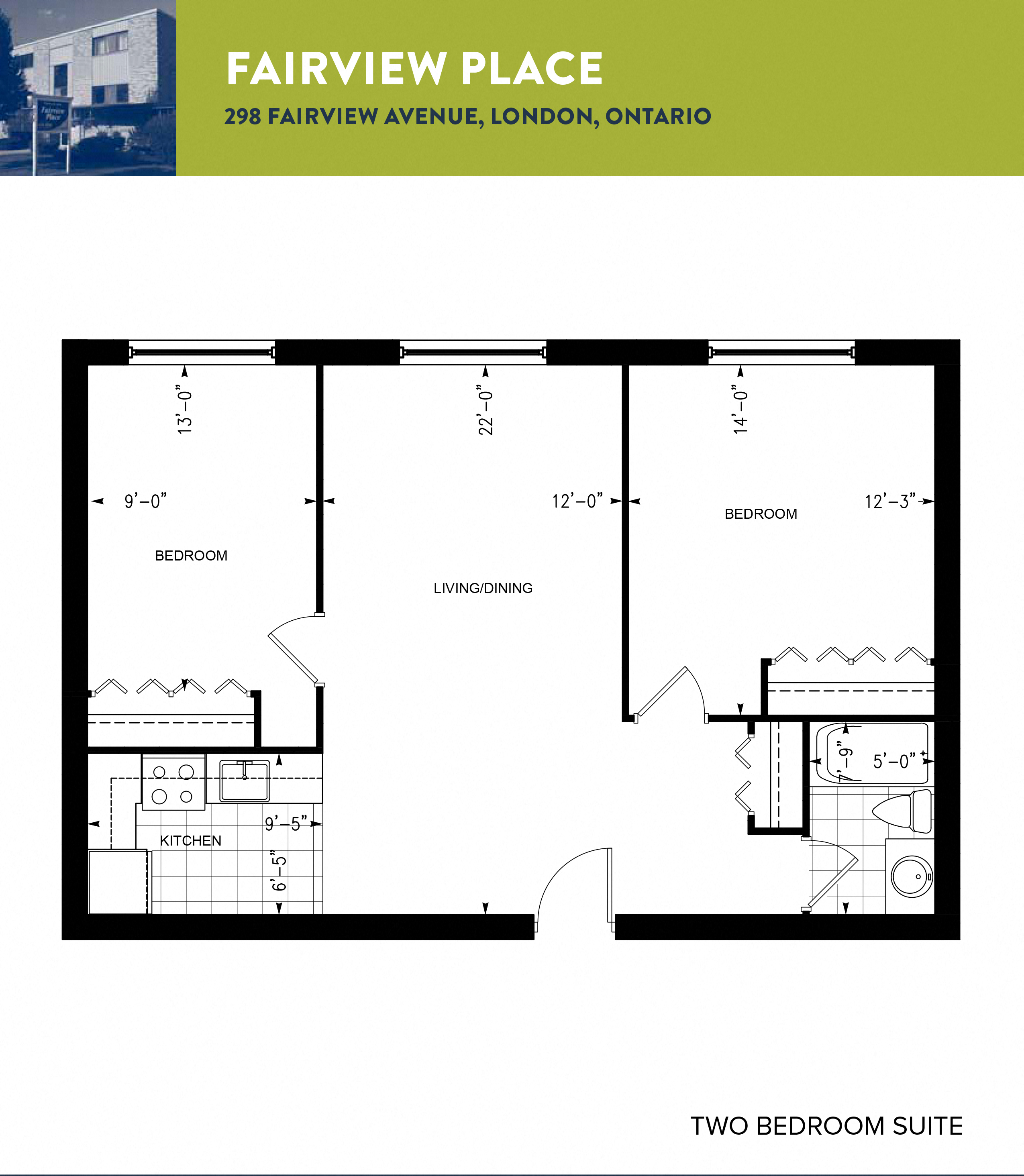 Floor plan for 2 beds, 1 bath, 758 sqft