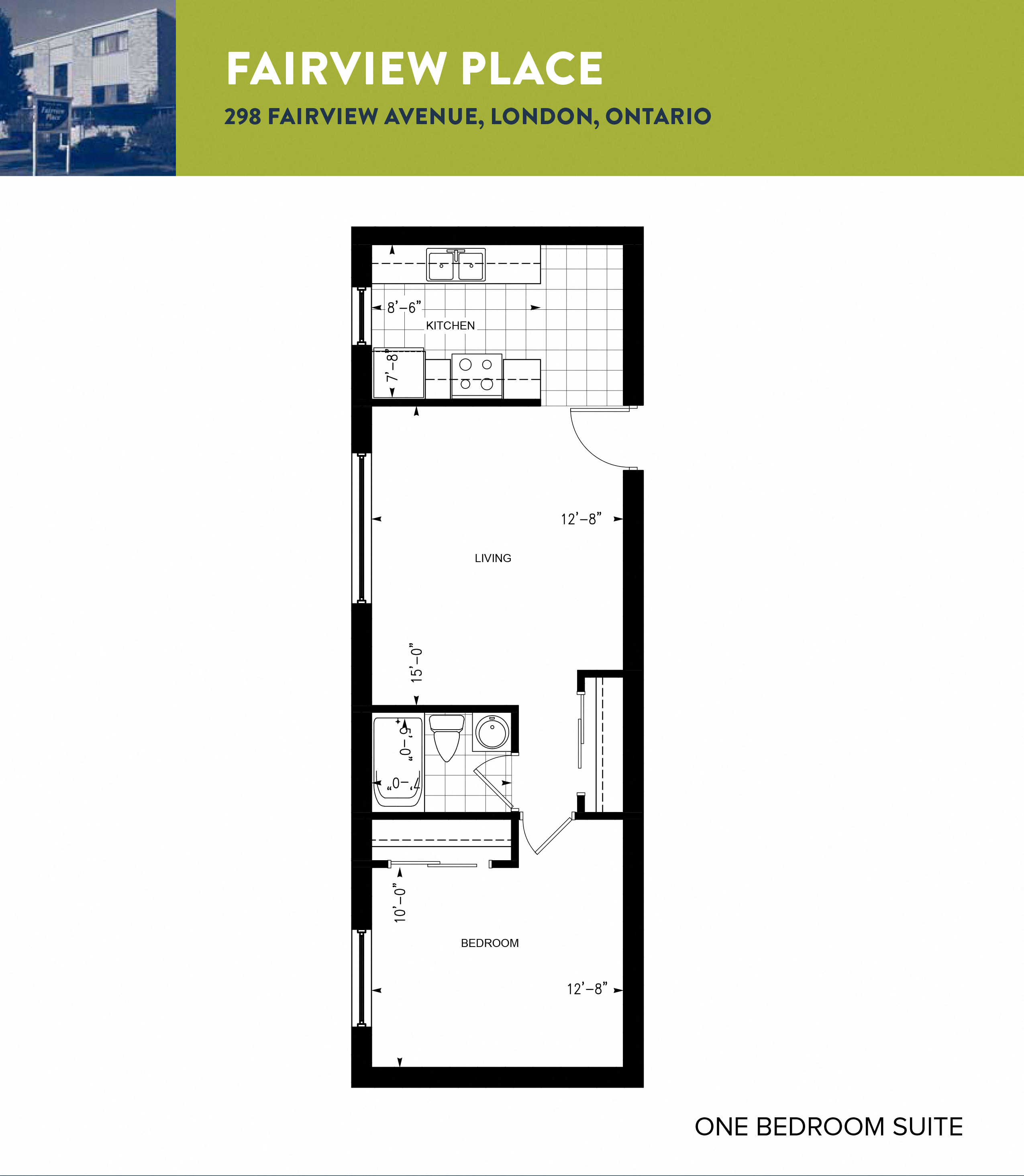 Floor plan for 1 bed, 1 bath, 415 sqft