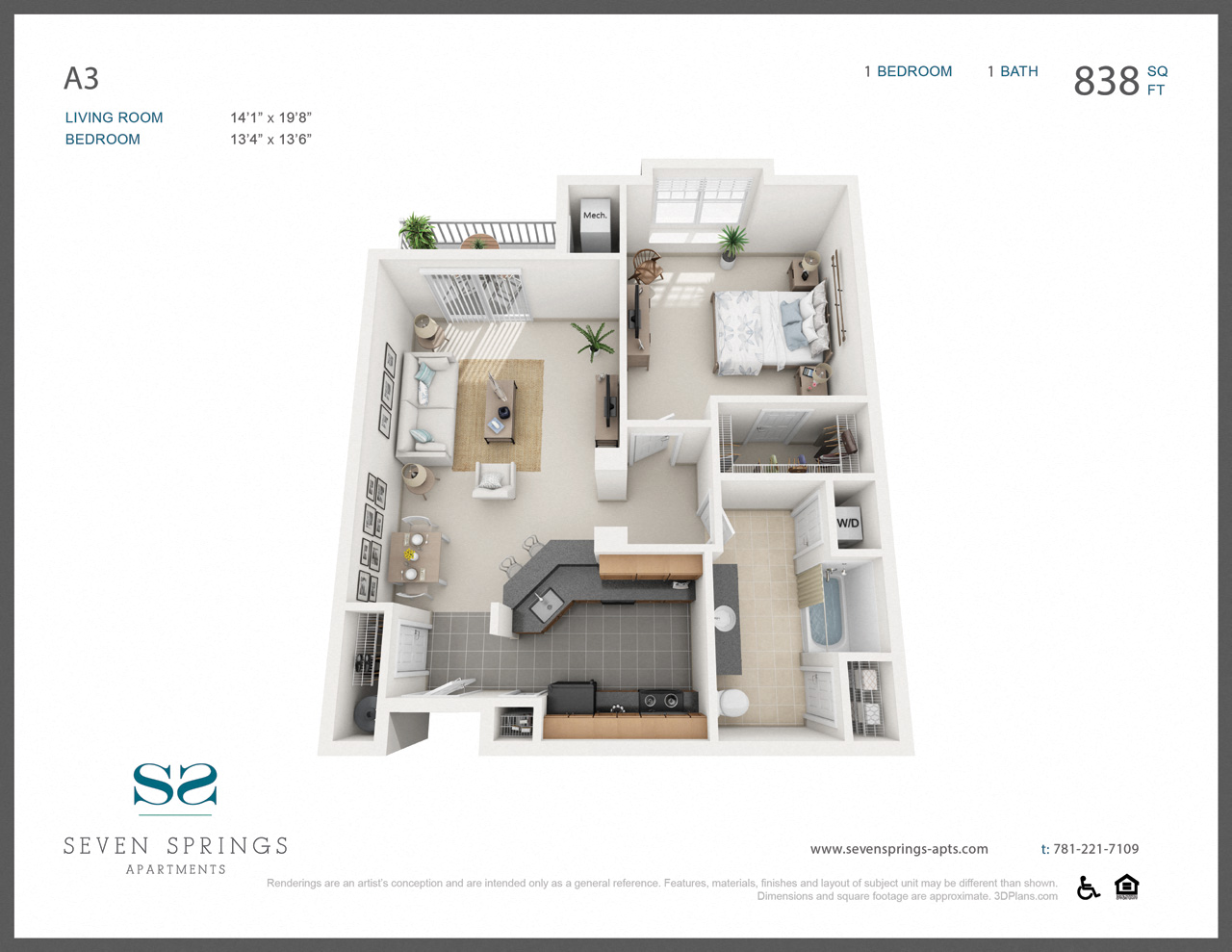 Floor plan for 1 bed, 1 bath, 838 sqft