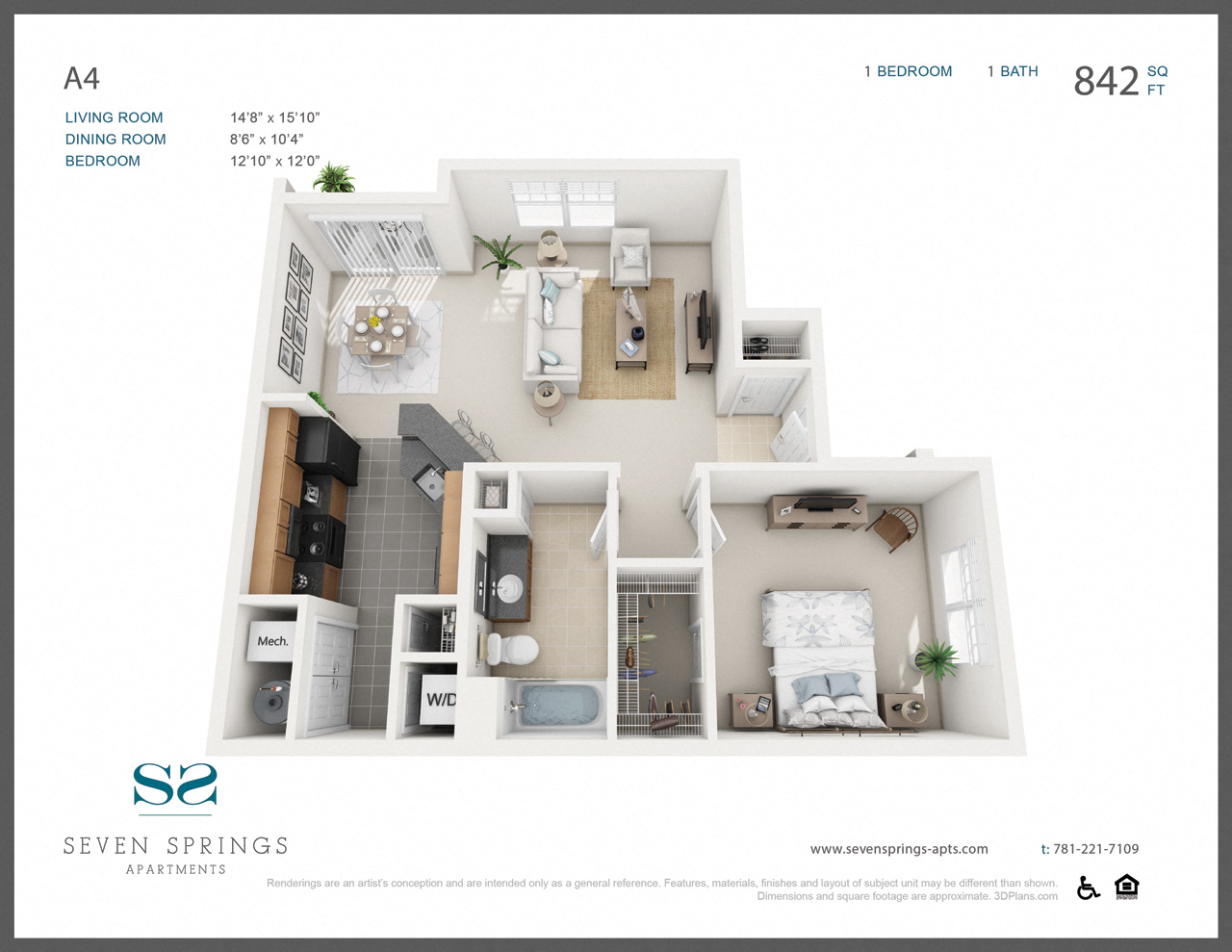 Floor plan for 1 bed, 1 bath, 842 sqft