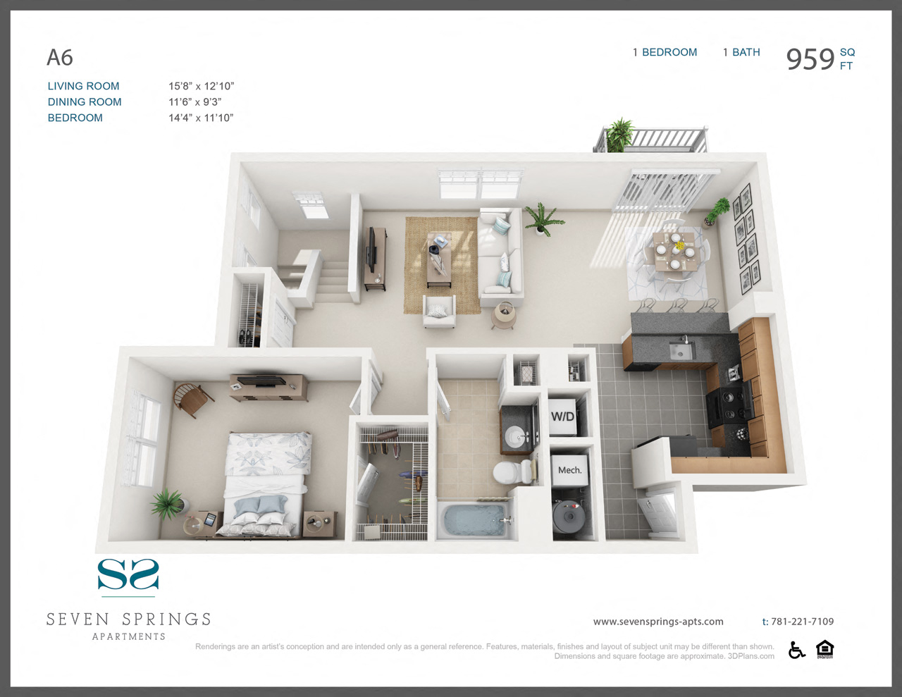 Floor plan for 1 bed, 1 bath, 959 sqft