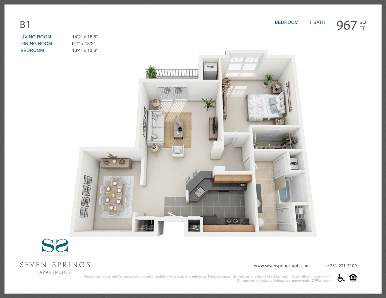 Floor plan for 1 bed, 1 bath, 967 sqft