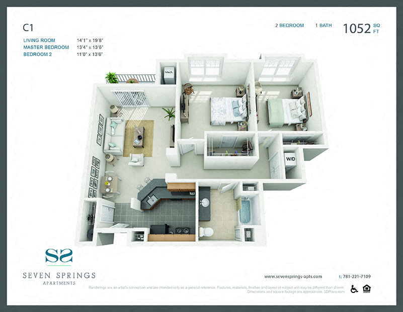 Floor plan for 2 beds, 1 bath, 1052 sqft