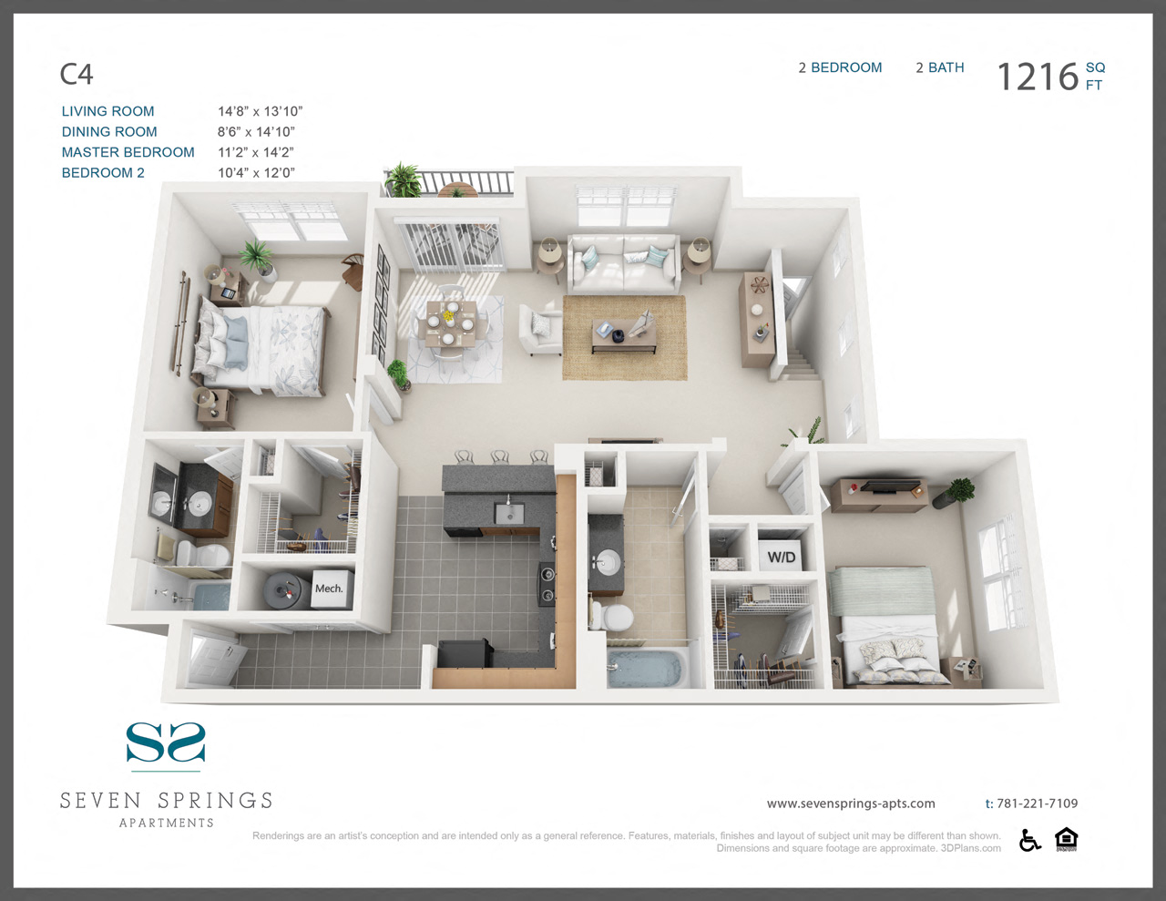 Floor plan for 2 beds, 2 baths, 1216 sqft