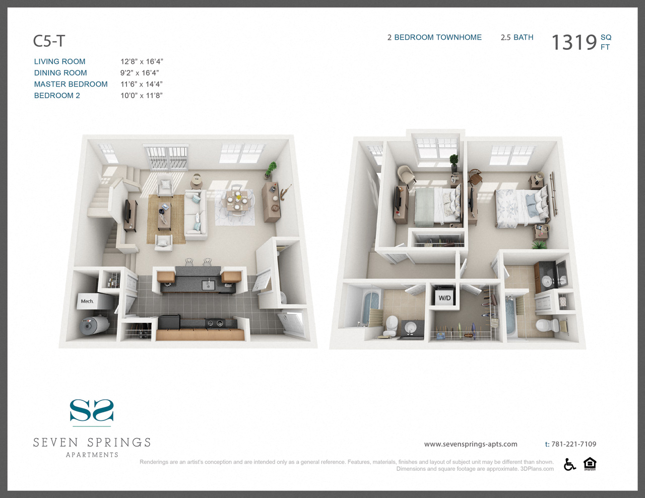 Floor plan for 2 beds, 2.5 baths, 1319 sqft