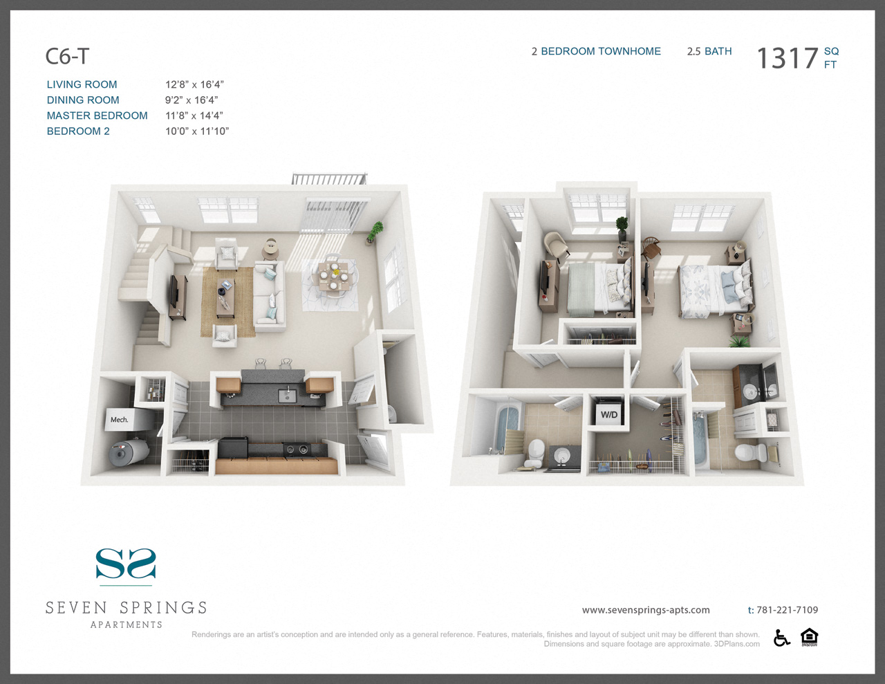 Floor plan for 2 beds, 2.5 baths, 1317 sqft