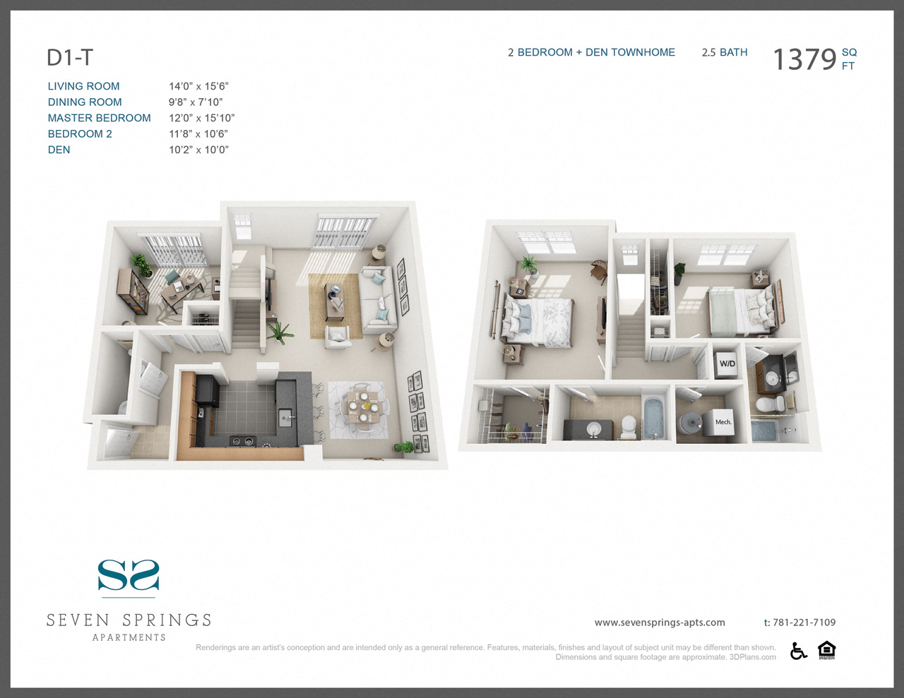 Floor plan for 2 beds, 2.5 baths, 1379 sqft